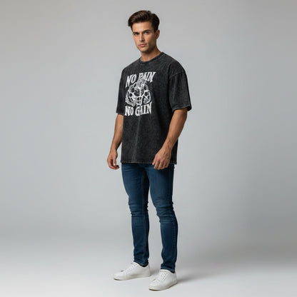 Men’s oversized acid wash graphic t-shirt with no pain no gain bodybuilder print and modern gym streetwear design - AresFit
