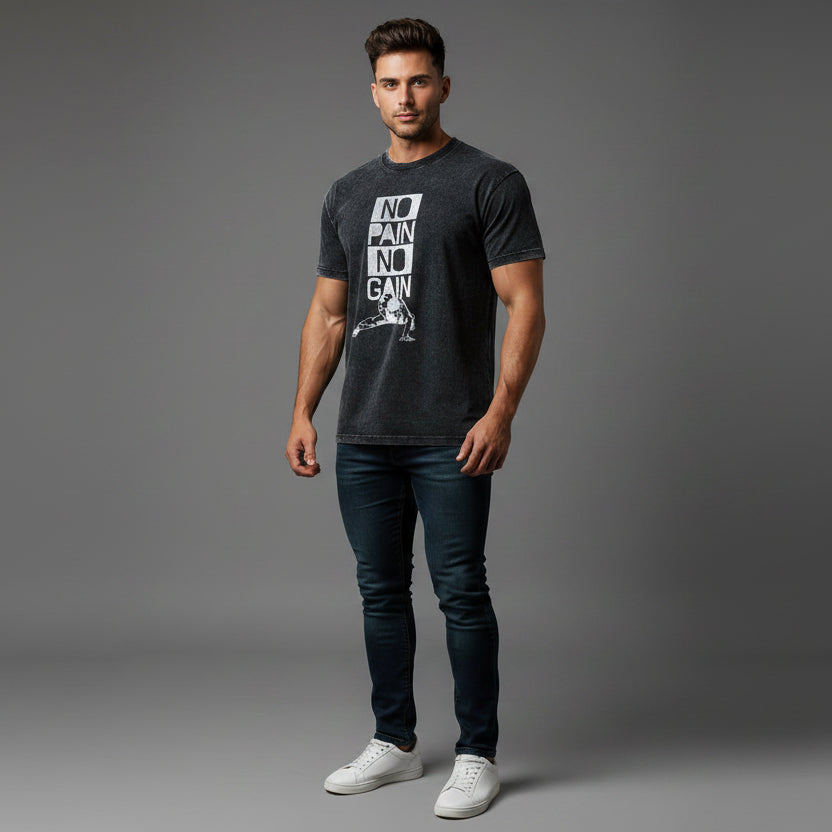Men’s acid wash fitted gym tee with no pain no gain lifter graphic and athletic bodybuilding streetwear design - AresFit