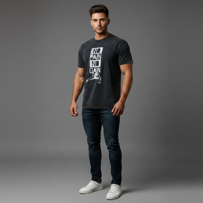 Men’s acid wash fitted gym tee with no pain no gain lifter graphic and athletic bodybuilding streetwear design - AresFit