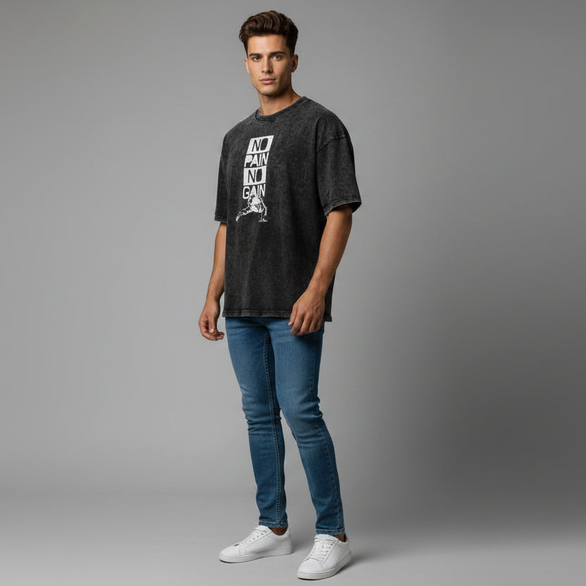 Men’s oversized acid wash workout t-shirt with no pain no gain lifter graphic and relaxed gym streetwear fit - AresFit