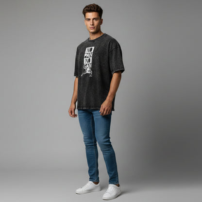 Men’s oversized acid wash workout t-shirt with no pain no gain lifter graphic and relaxed gym streetwear fit - AresFit