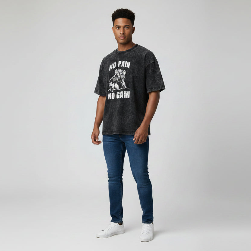 Men’s oversized acid wash gym t-shirt with no pain no gain lion graphic and vintage bodybuilding streetwear style - AresFit
