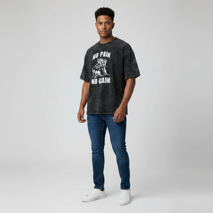 Men’s oversized acid wash gym t-shirt with no pain no gain lion graphic and vintage bodybuilding streetwear style - AresFit