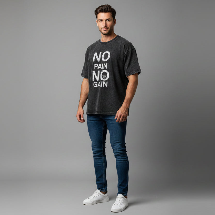 Men’s oversized acid wash fitness tee with no pain no gain text graphic and relaxed gym streetwear look - AresFit