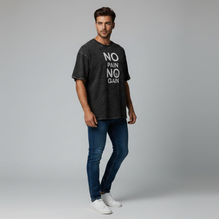 Men’s oversized acid wash gym tee with no pain no gain text graphic and minimalist fitness streetwear design - AresFit