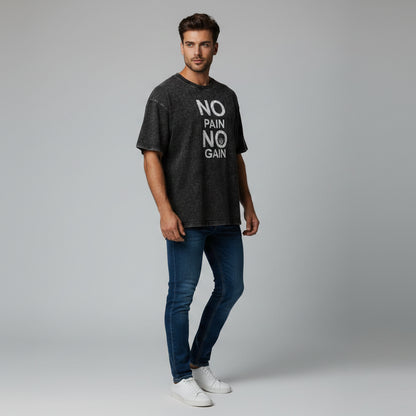 Men’s oversized acid wash gym tee with no pain no gain text graphic and minimalist fitness streetwear design - AresFit