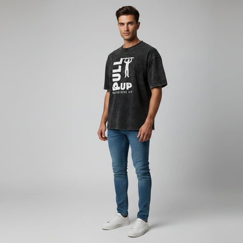 Men’s oversized acid wash fitness t-shirt with pull up motivational graphic and bodybuilding streetwear style - AresFit