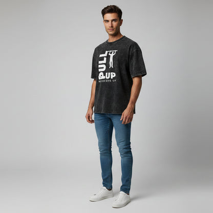Men’s oversized acid wash fitness t-shirt with pull up motivational graphic and bodybuilding streetwear style - AresFit