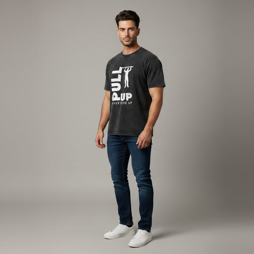 Men’s acid wash fitness tee with pull up training graphic and athletic gym streetwear inspired fit - AresFit