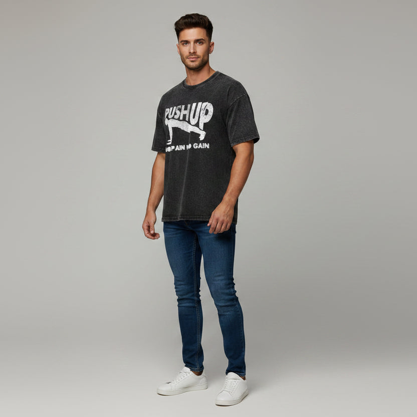 Men’s oversized acid wash gym shirt with push up fitness graphic and relaxed workout streetwear style - AresFit
