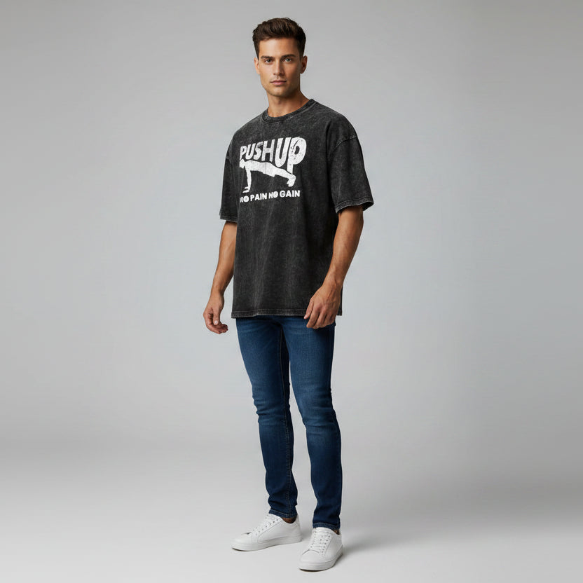 Men’s oversized acid wash gym tee with push up no pain no gain fitness graphic and relaxed bodybuilding fit - AresFit