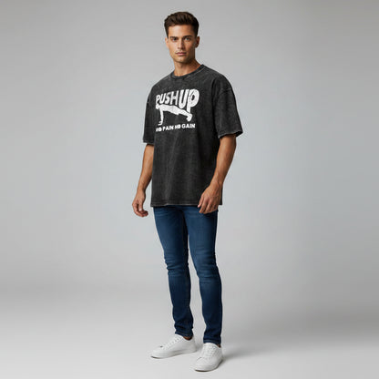 Men’s oversized acid wash gym tee with push up no pain no gain fitness graphic and relaxed bodybuilding fit - AresFit