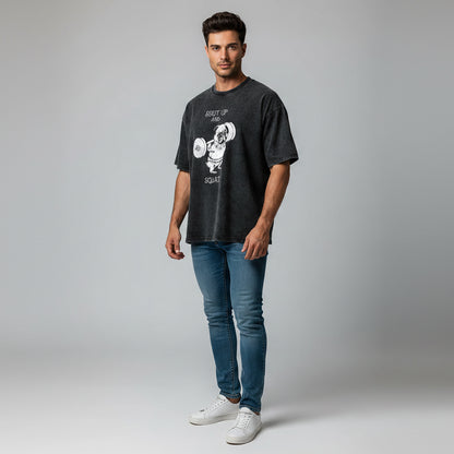 Men’s oversized acid wash gym tee with shut up and squat graphic and bodybuilding inspired workout style - AresFit