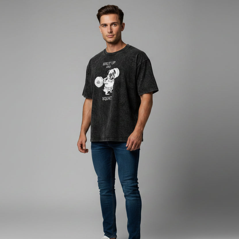 Men’s oversized acid wash workout t-shirt with shut up and squat gym graphic and vintage fitness design - AresFit