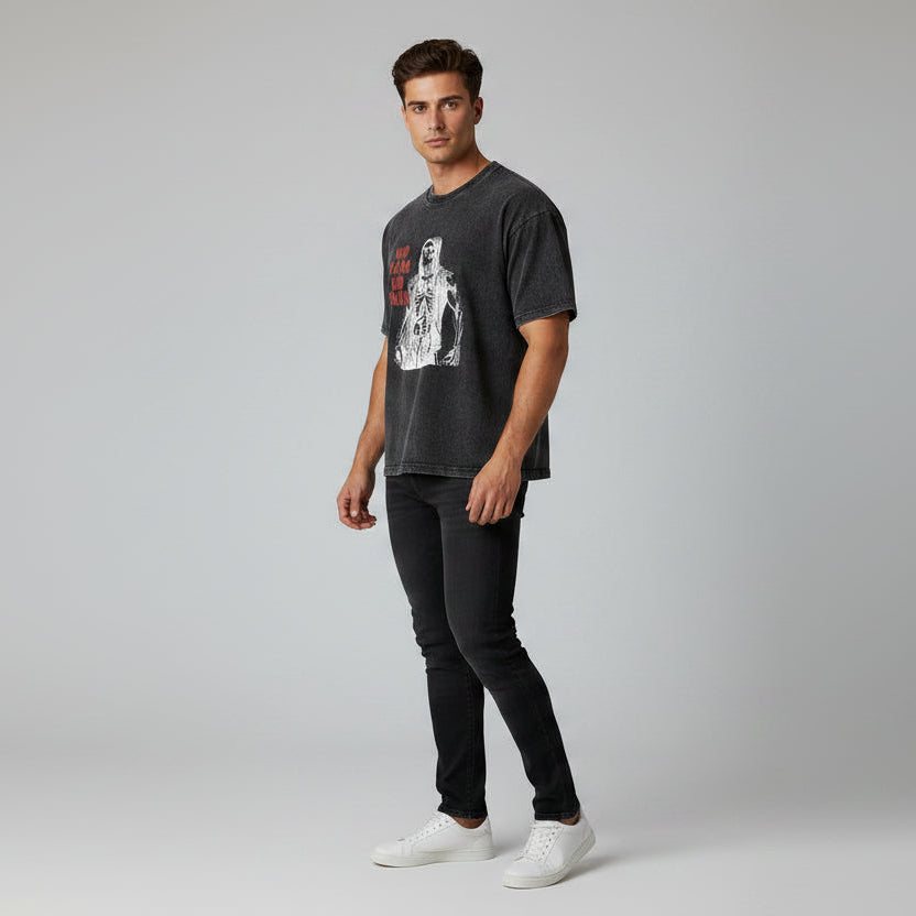 Men’s oversized acid wash gym tee with skeleton no pain no gain graphic and vintage bodybuilding streetwear fit - AresFit