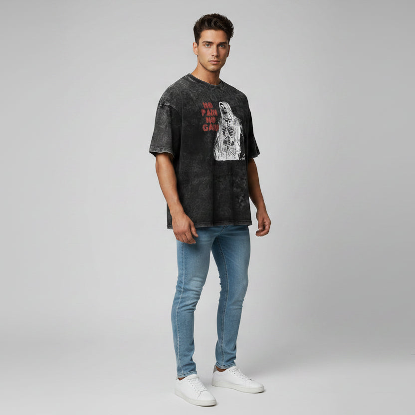 Men’s oversized acid wash t-shirt with skeleton no pain no gain graphic and vintage bodybuilding streetwear look - AresFit
