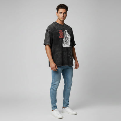Men’s oversized acid wash t-shirt with skeleton no pain no gain graphic and vintage bodybuilding streetwear look - AresFit