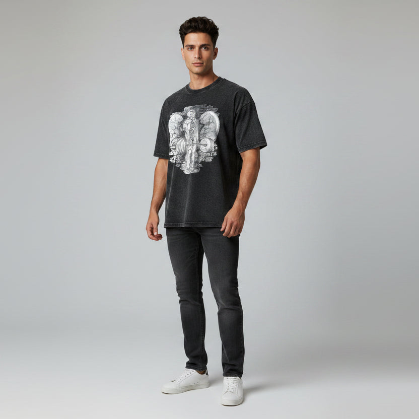 Men’s oversized acid wash bodybuilding t-shirt with skull barbell graphic and vintage fitness streetwear style - AresFit