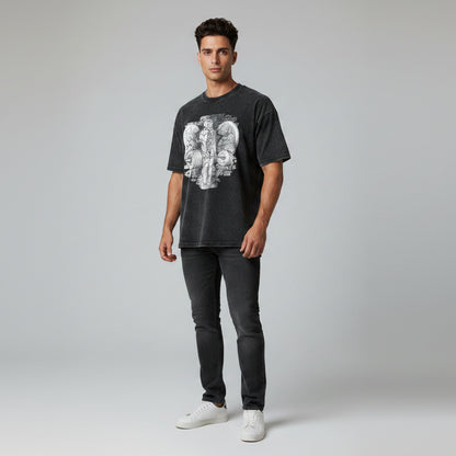 Men’s oversized acid wash bodybuilding t-shirt with skull barbell graphic and vintage fitness streetwear style - AresFit