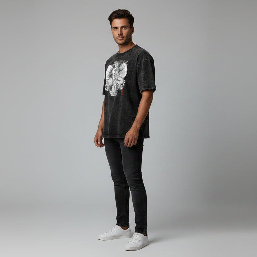 Men’s oversized acid wash gym tee with skull weightlifting graphic and vintage workout streetwear style - AresFit