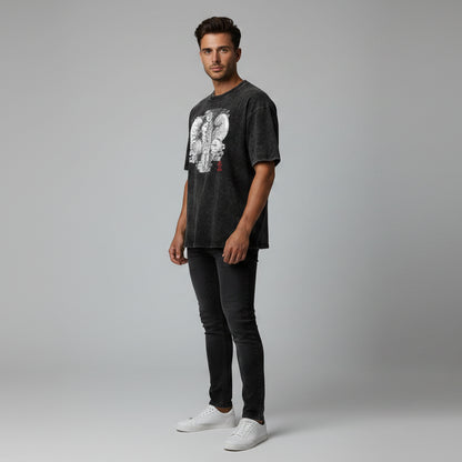 Men’s oversized acid wash gym tee with skull weightlifting graphic and vintage workout streetwear style - AresFit