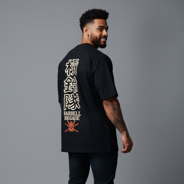 Men's oversized gym t-shirt featuring Barbell Brigade fitness graphic and relaxed streetwear fit - AresFit