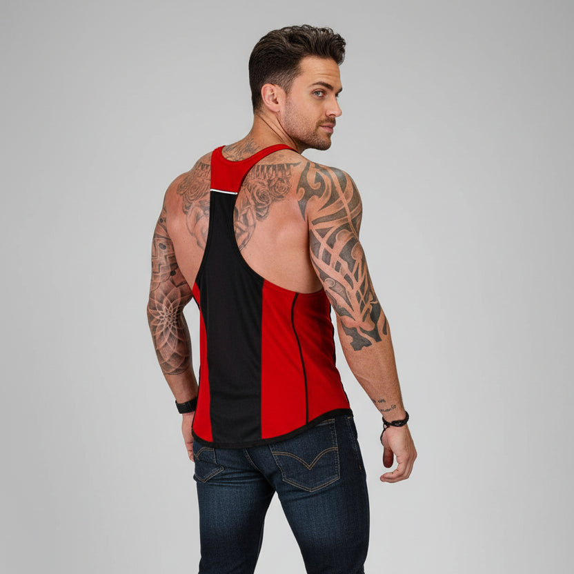 Man wearing bodybuilding stringer tank top back view - AresFit