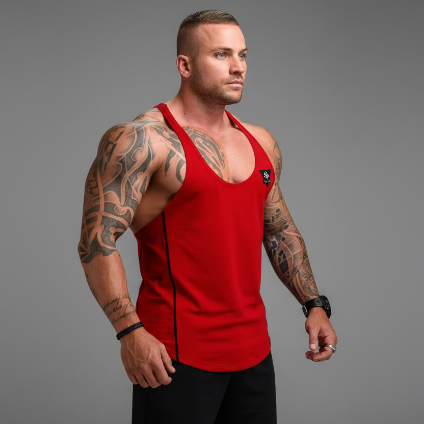 Man wearing bodybuilding stringer tank top front view - AresFit