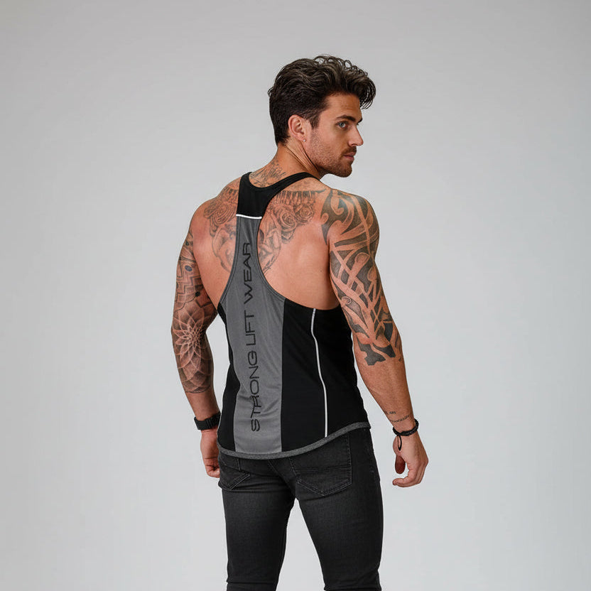 Man wearing bodybuilding stringer tank top style 7 - AresFit