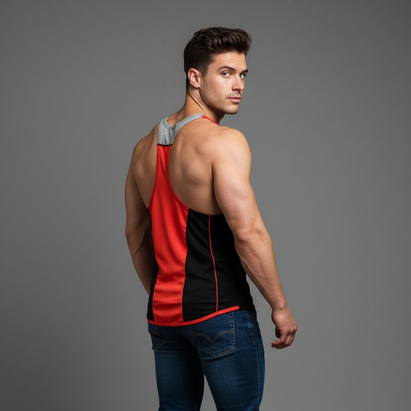 Man wearing bodybuilding stringer tank top style 8 - AresFit