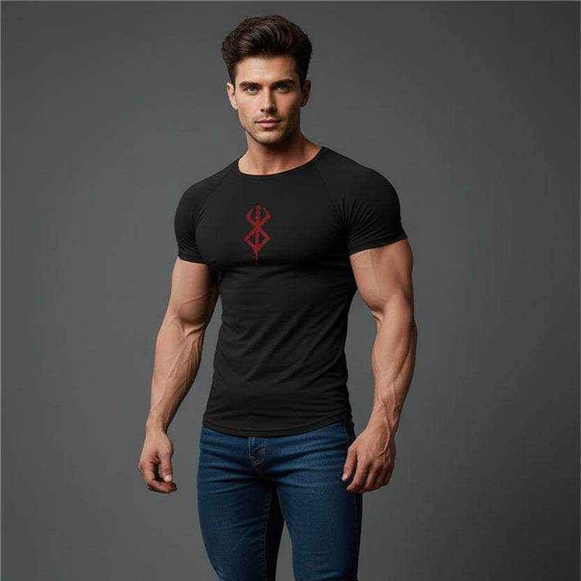 Men's black compression gym t-shirt with red chest logo and performance fit - AresFit
