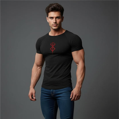 Men's black compression gym t-shirt with red chest logo and performance fit - AresFit