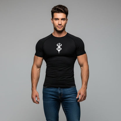 Men's black compression gym t-shirt with white chest logo and athletic performance fit - AresFit