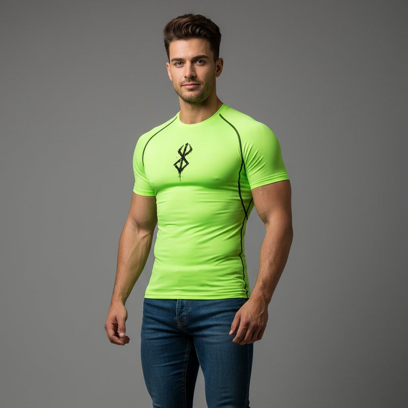 Men's green compression gym t-shirt with moisture wicking fabric and compression fit - AresFit