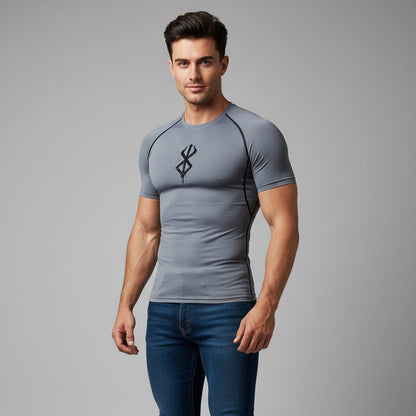 Men's grey compression gym t-shirt with black chest logo and moisture wicking fabric - AresFit