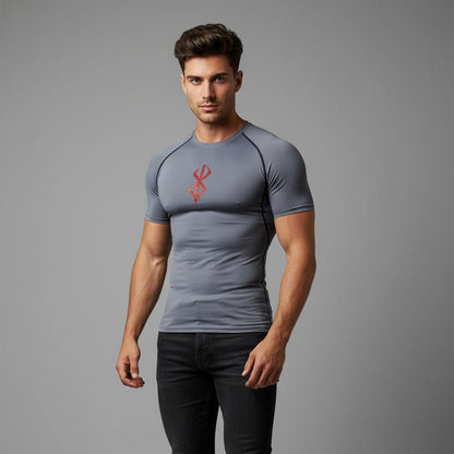 Men's grey compression workout t-shirt with red chest logo and athletic compression fit - AresFit