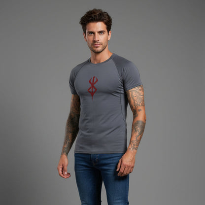 Men's grey compression workout t-shirt with red chest logo and stretch fit - AresFit