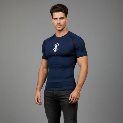 Men's navy compression gym t-shirt with white chest logo and performance stretch fit - AresFit
