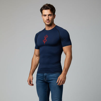 Men's navy compression gym t-shirt with quick dry fabric and athletic fit - AresFit