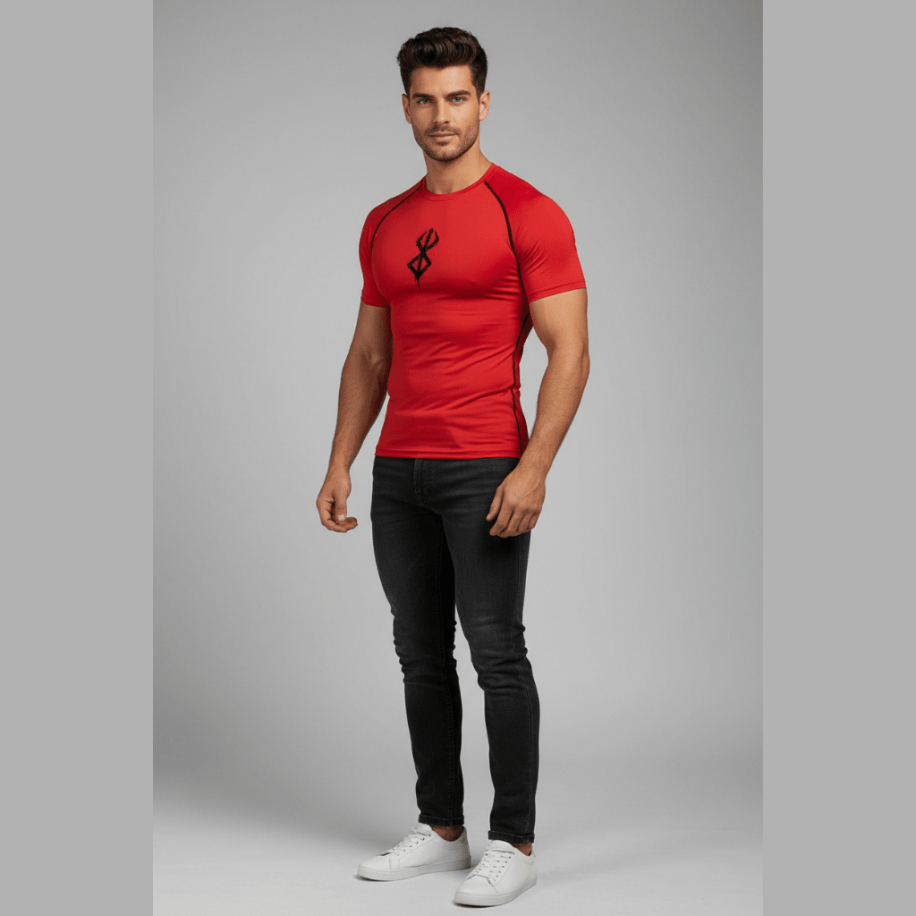 Men's red compression gym t-shirt with quick dry stretch fabric and athletic performance fit - AresFit