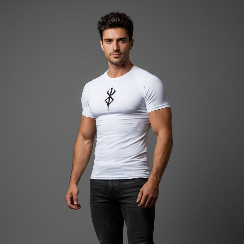 Men's white compression gym t-shirt with black chest logo and quick dry athletic fit - AresFit