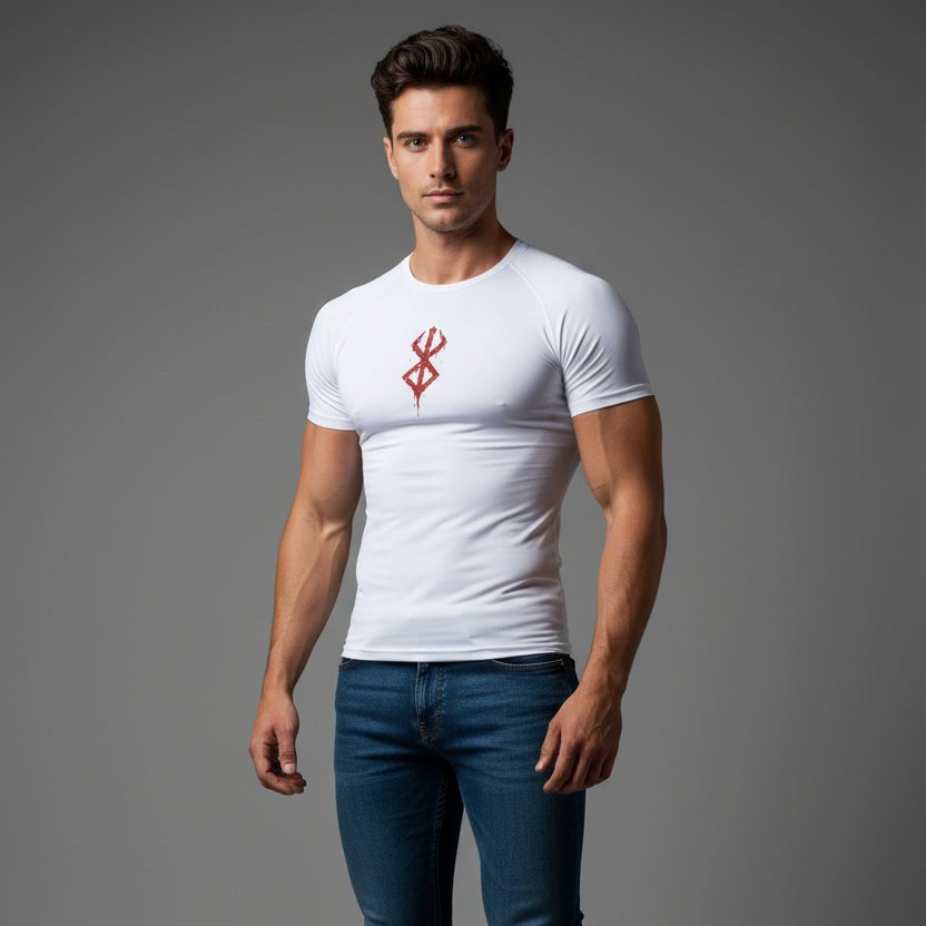 Men's white compression workout t-shirt with red chest logo and stretch performance fit - AresFit