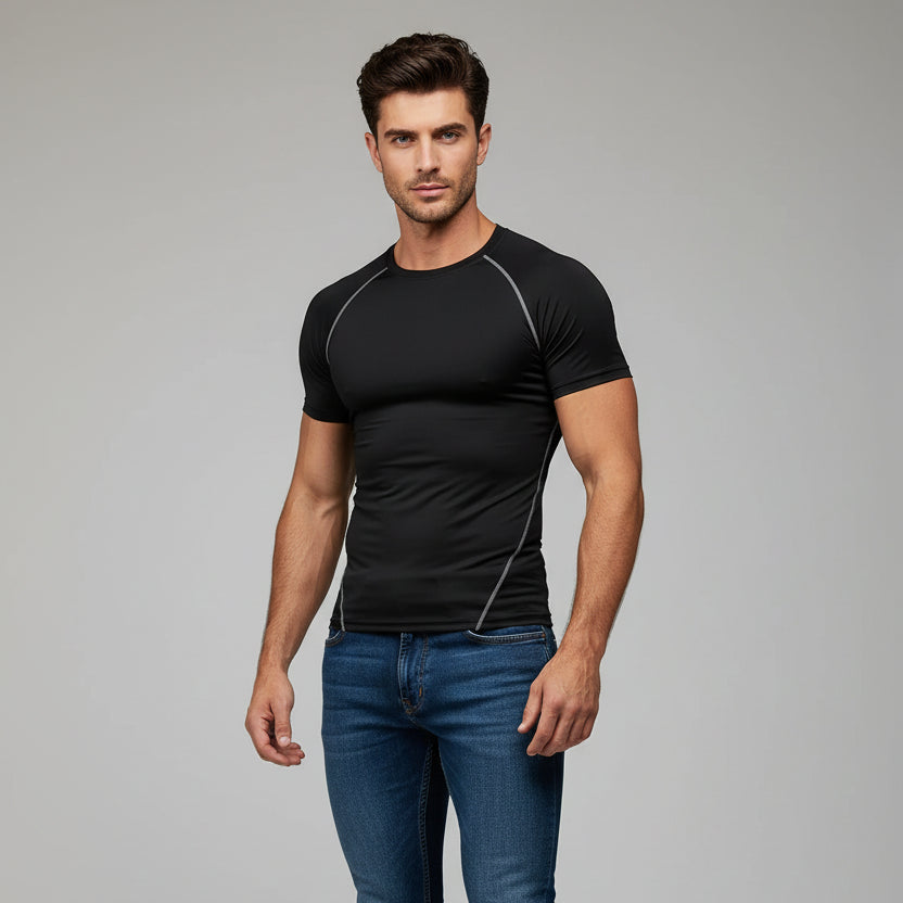 Men's black compression training shirt with grey piping and moisture wicking performance fabric - AresFit