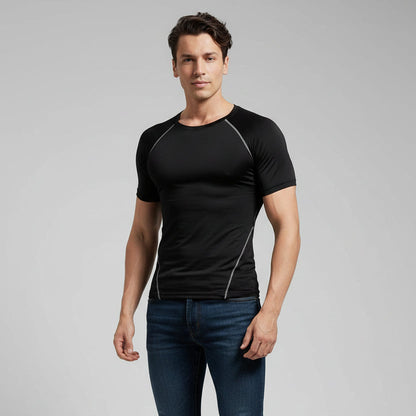 Men's black compression performance top with grey piping and quick dry stretch fabric - AresFit
