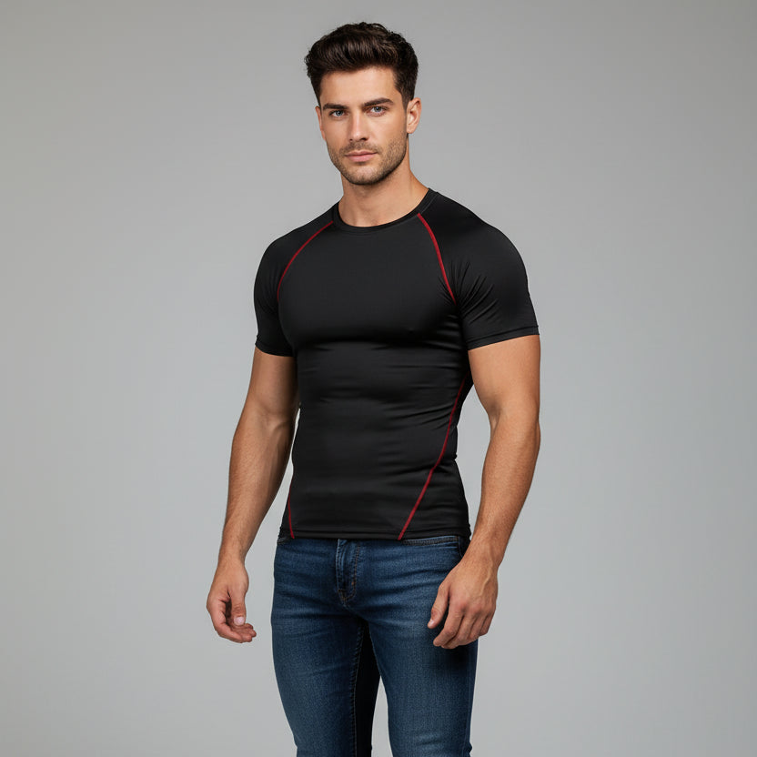 Men's black compression performance top with red piping and athletic training fit - AresFit