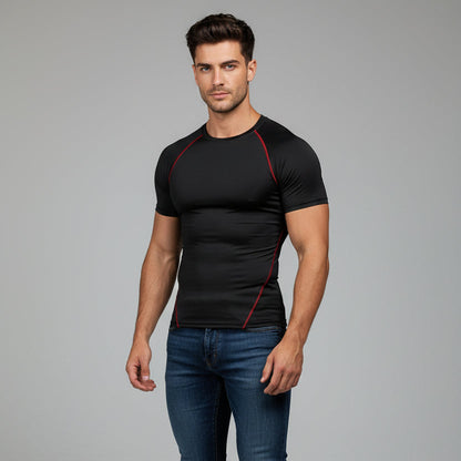 Men's black compression performance top with red piping and athletic training fit - AresFit