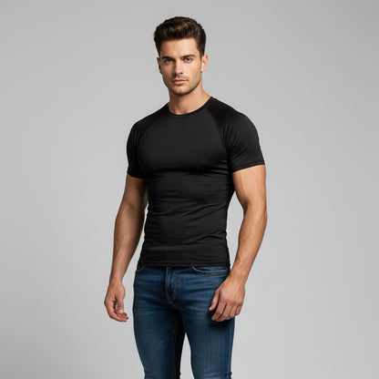 Men's black compression performance top with lightweight stretch fabric and fitted athletic design - AresFit