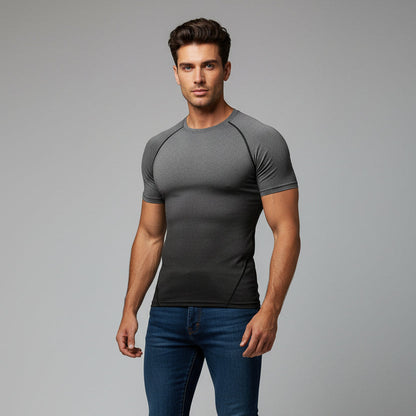 Men's grey compression performance top with black side panels and breathable workout fabric - AresFit