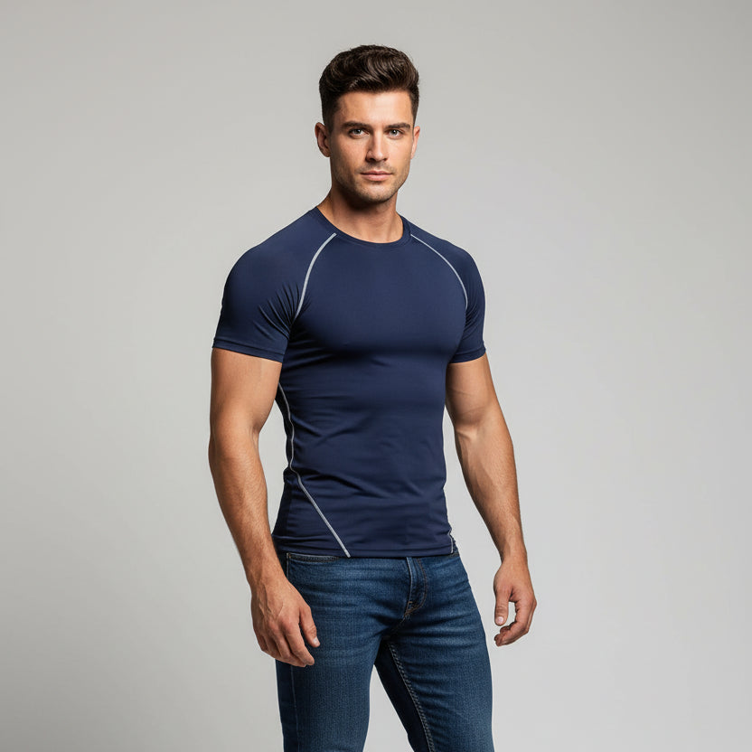 Men's navy compression performance top with athletic fit and breathable training fabric - AresFit
