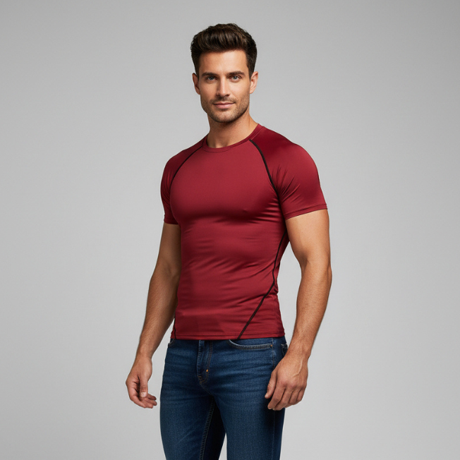 Men's red compression performance top with stretch fabric and athletic fit for gym training and running - AresFit
